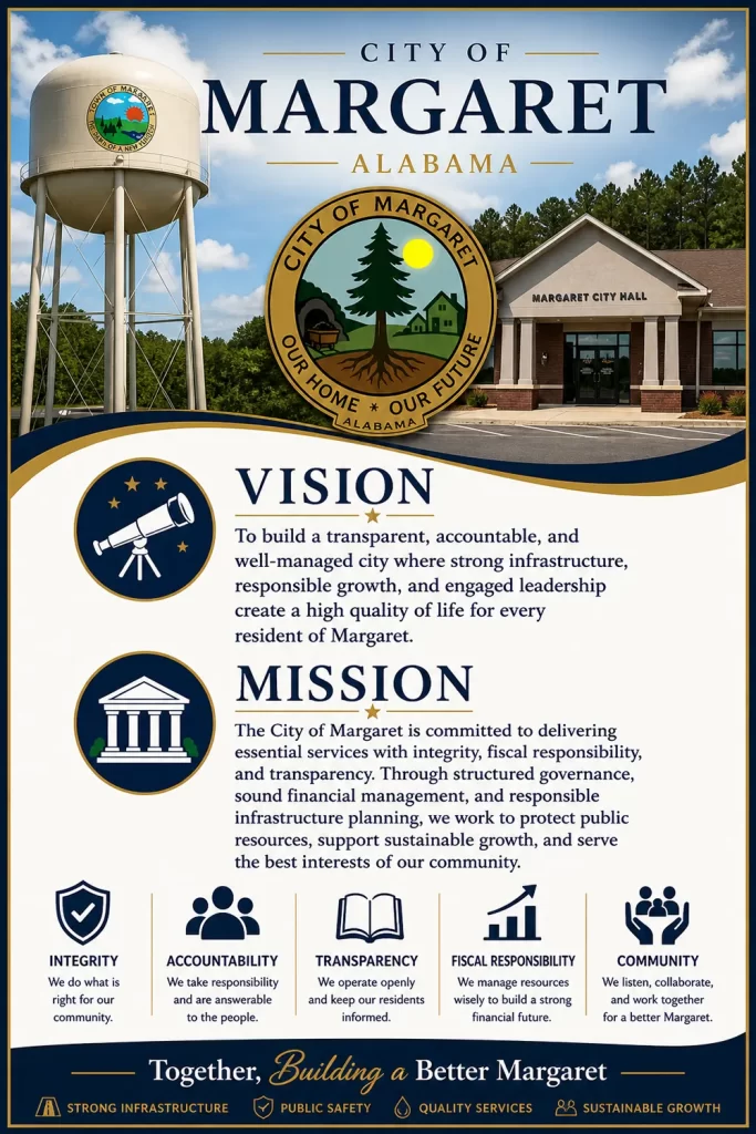 City of Margaret Vision and Mission Statement | Vision Statement: To build a transparent, accountable, and well-managed city where strong