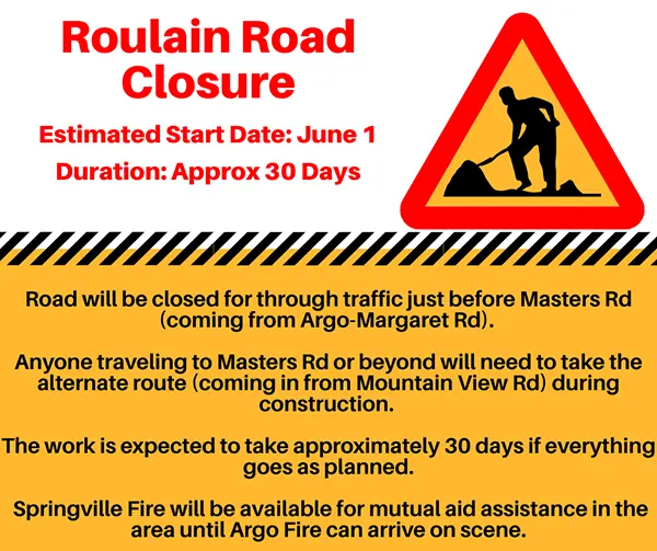 City of Margaret Public Service Announcement regarding Roulaine Road Work beginning June 1, 2026 and will last approximately 30 days.