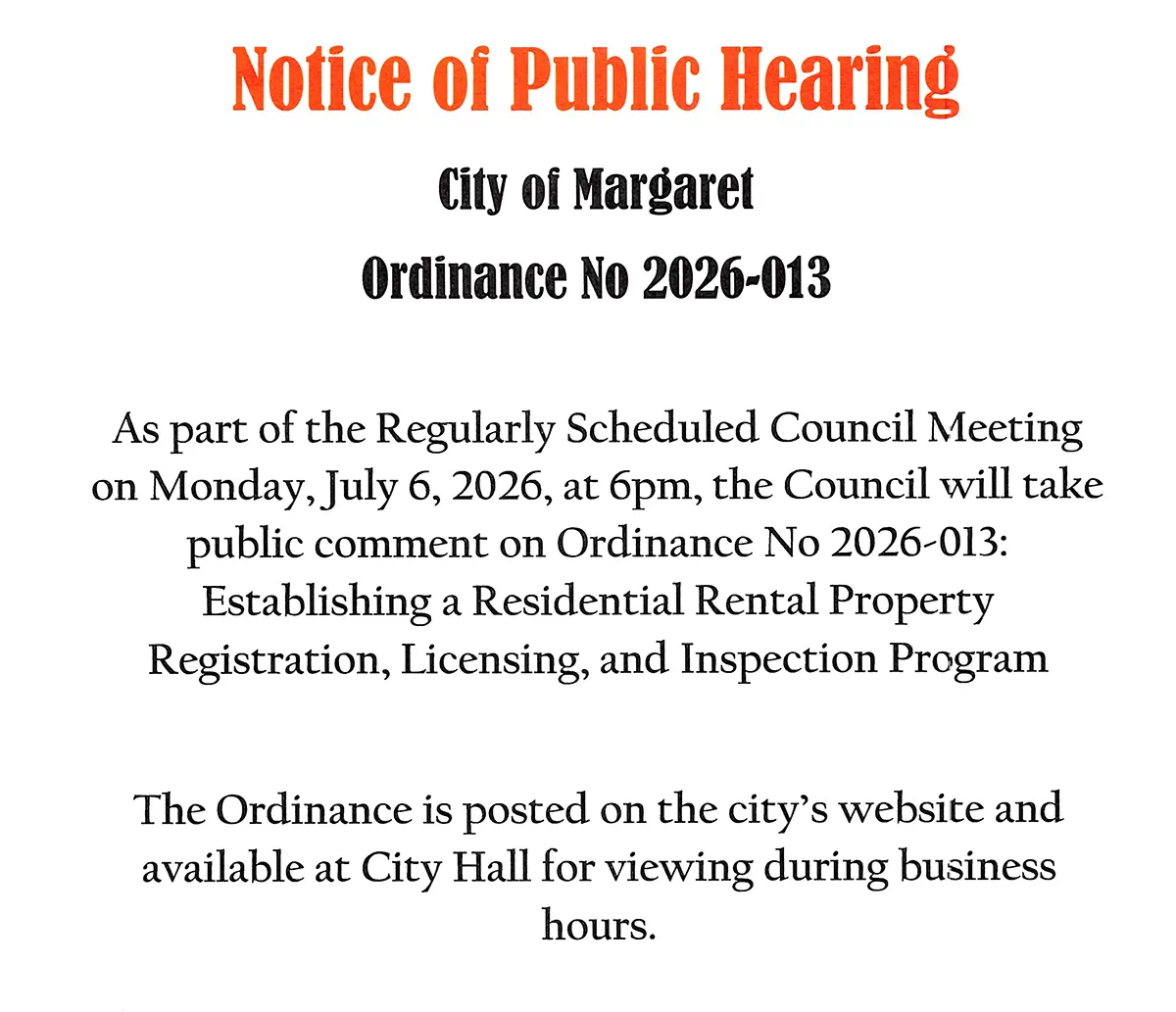 Notice of Public Hearing for Ordinance 2026-013: Establishing a Residential Rental Property, Registration, Licensing & Inspection Program.