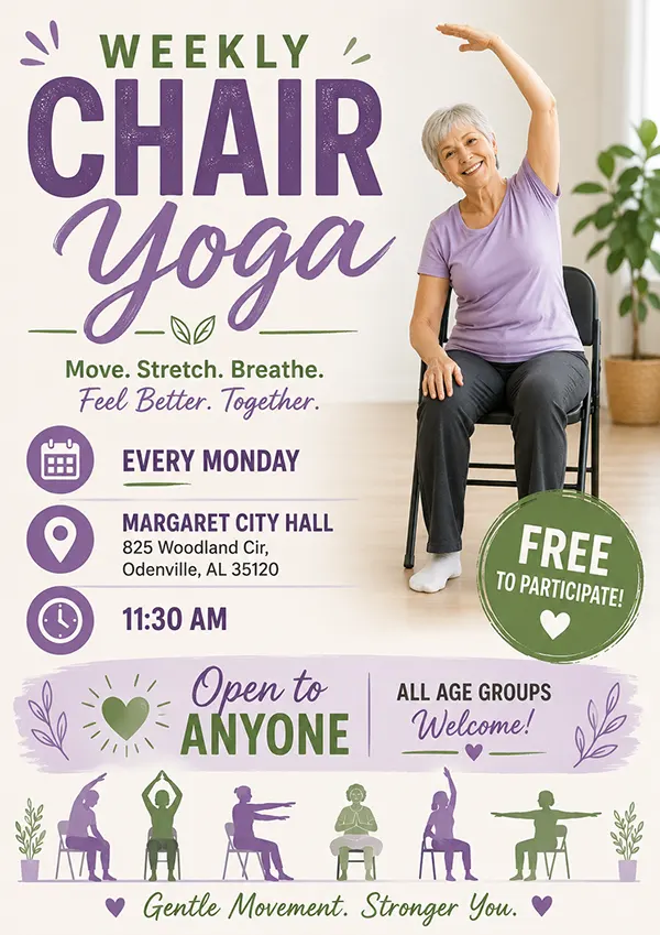 City of Margaret invites residents & community members to move, stretch, breathe and feel better together with Weekly Chair Yoga at Margaret